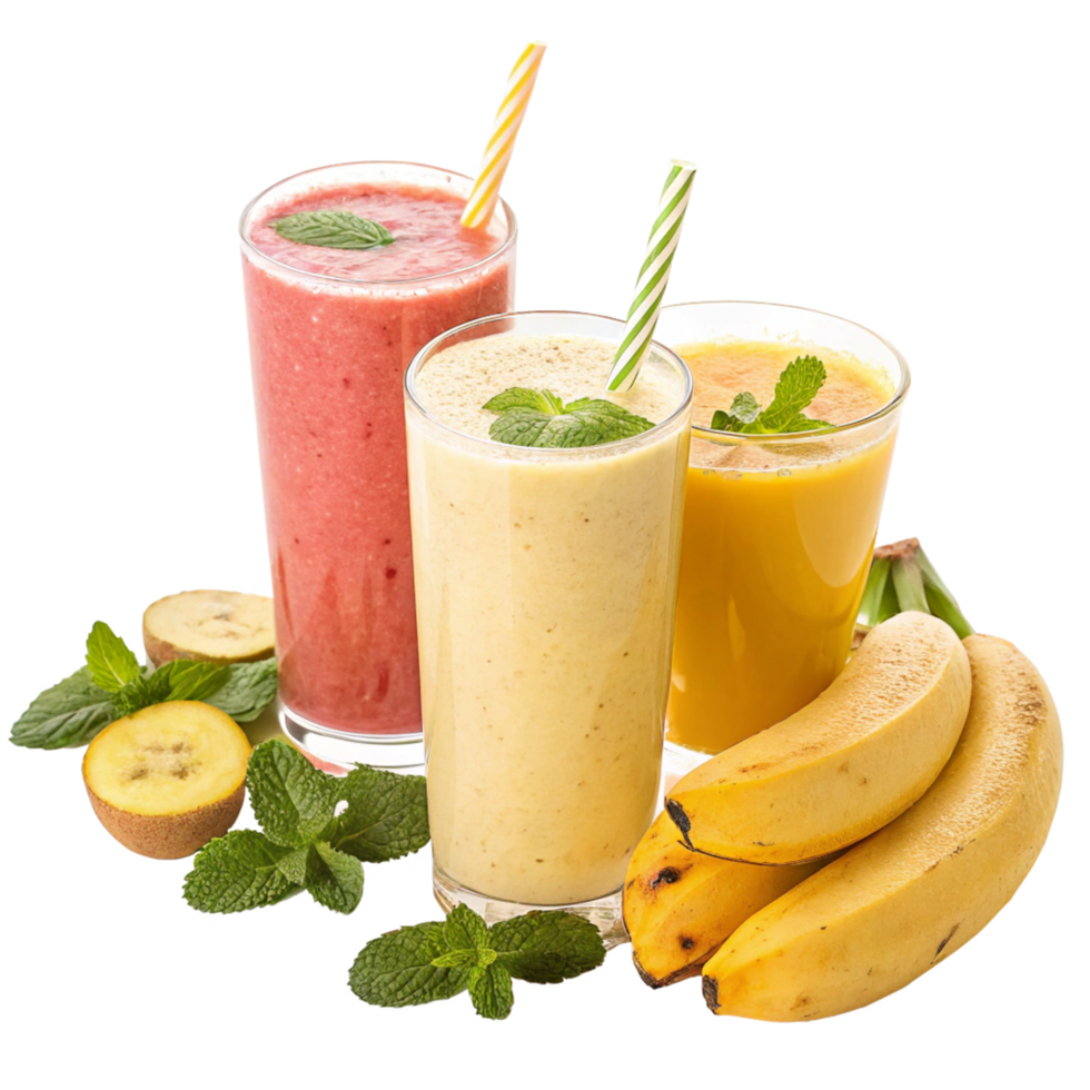 Refreshing Fruit Smoothies with Bananas and Kiwi Garnish png