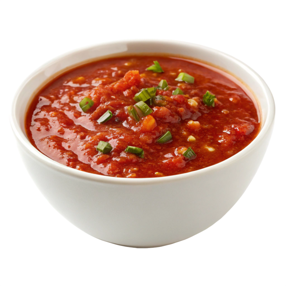 Delicious Homemade Tomato Salsa in a White Bowl Garnish with Green Onions png