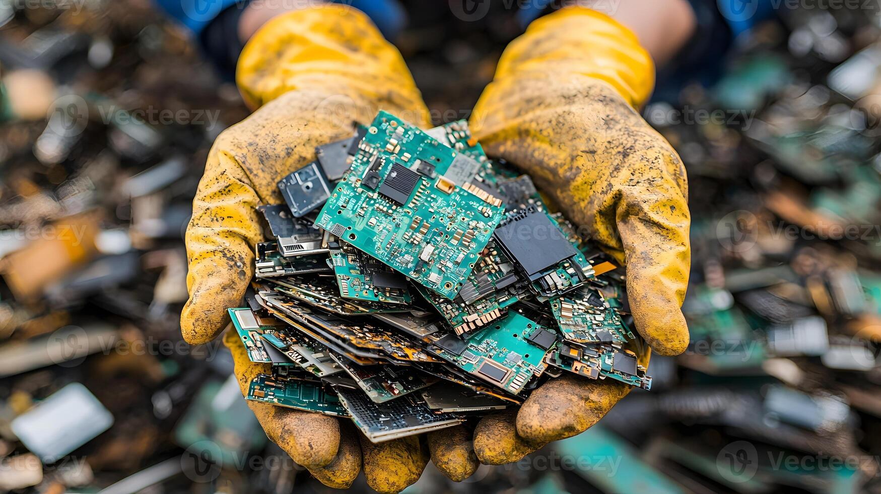 Recycling Electronic Waste Gloved Hands Holding Pile of Used Circuit Boards and Components photo