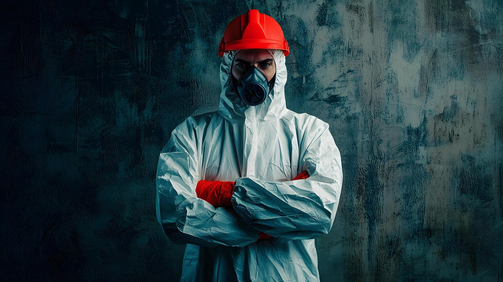 Serious Construction Worker in Protective Gear and Red Helmet Arms Crossed photo