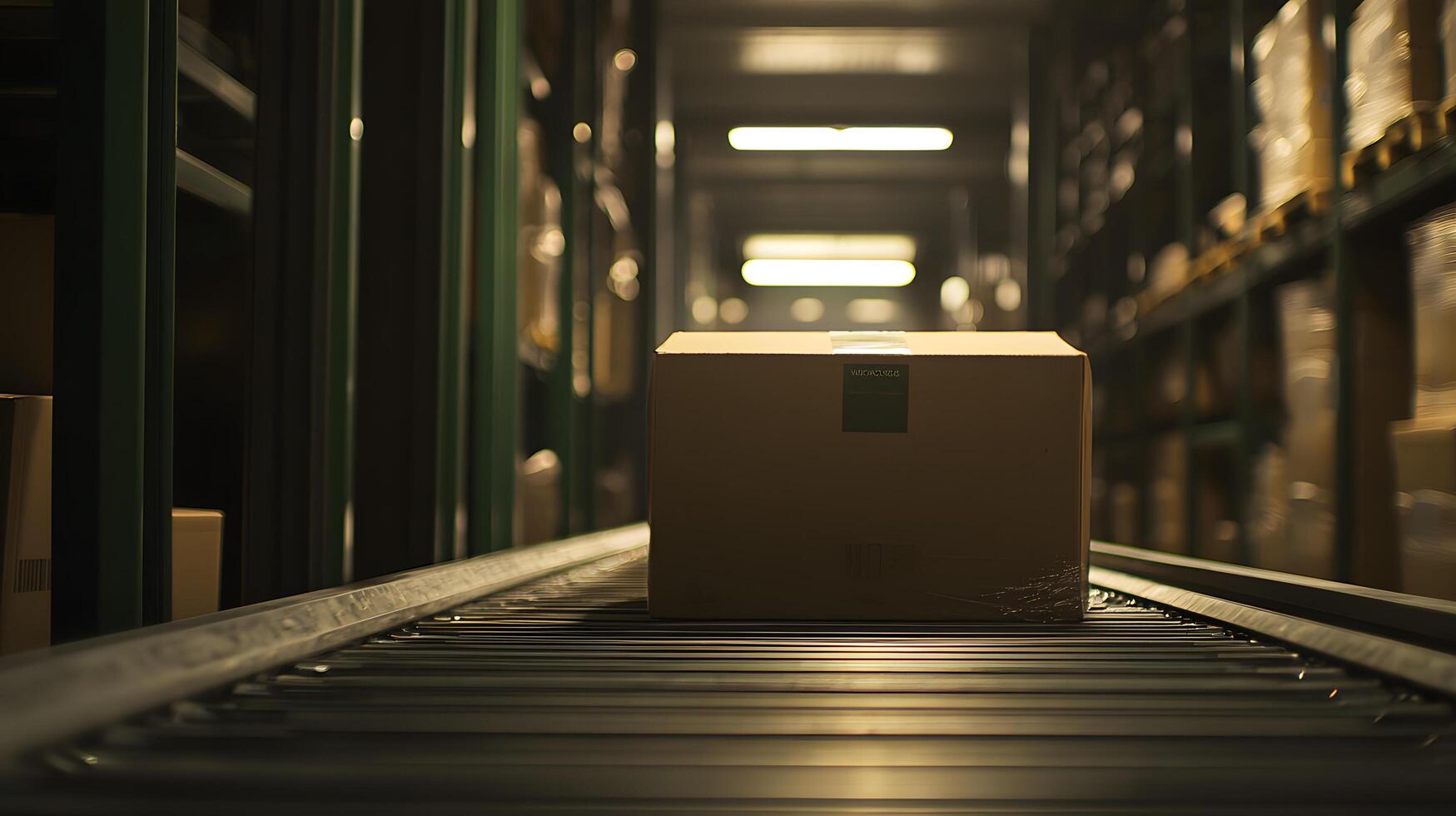 Cardboard Box on Conveyor Belt in Warehouse Logistics Distribution Center photo