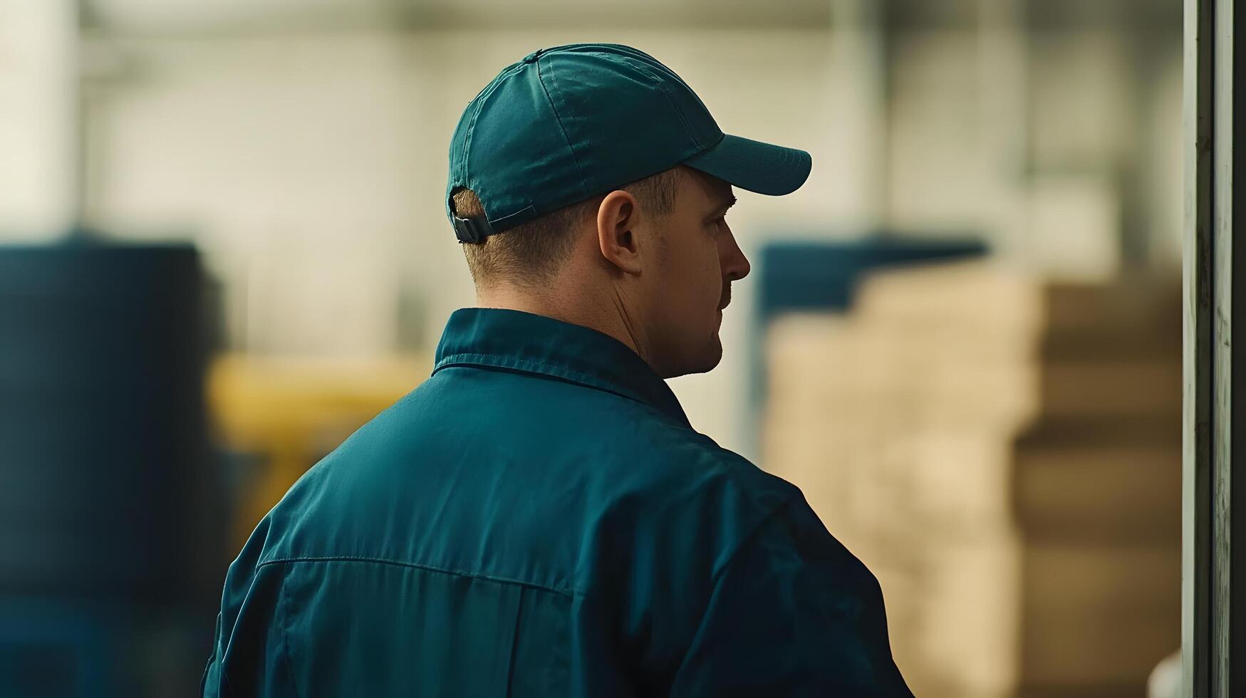 Concentrated Male Worker in Teal Work Uniform and Cap in Industrial Setting photo