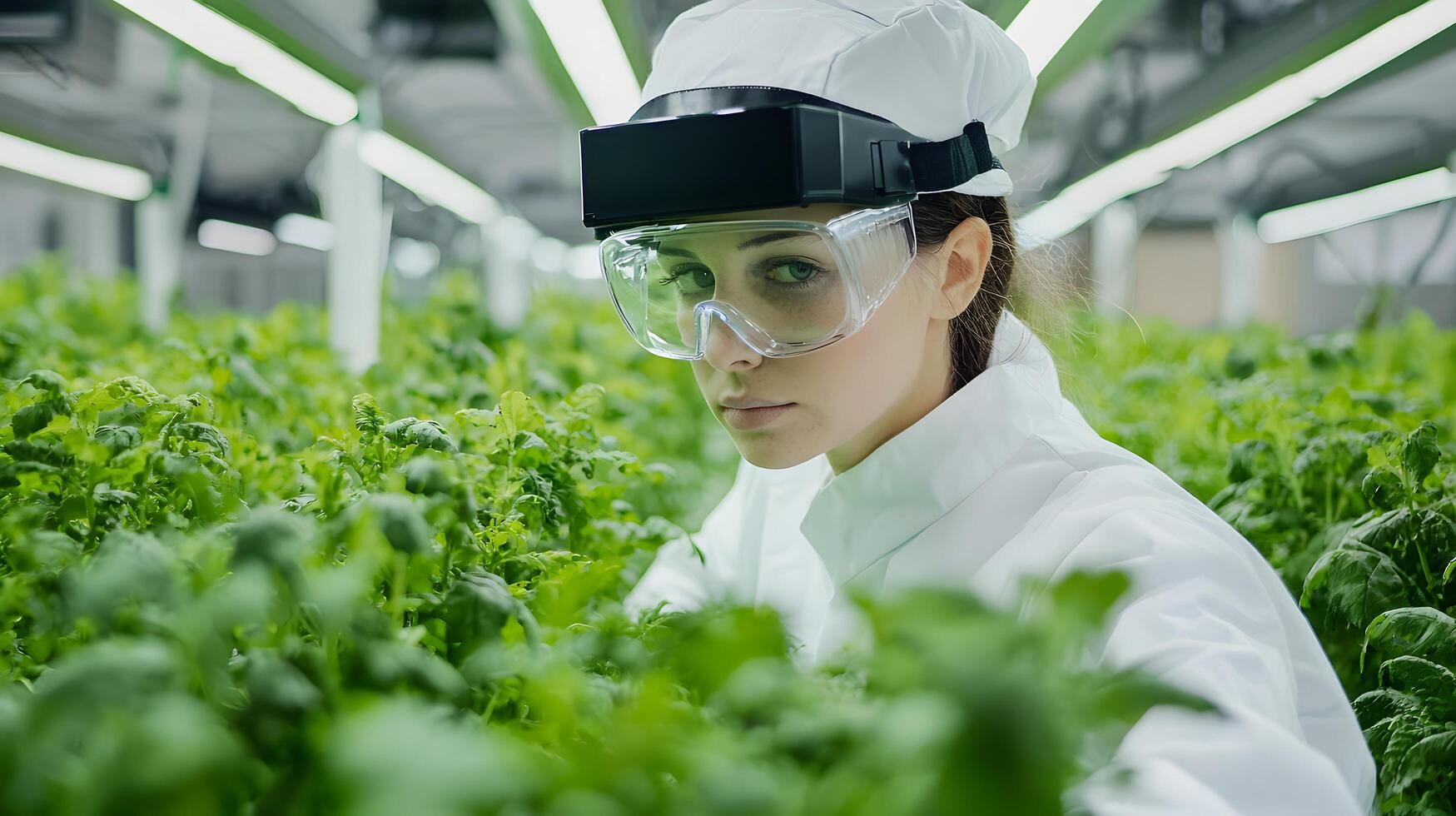 Young Female Scientist Inspecting Hydroponic Greens in Modern Indoor Farm photo