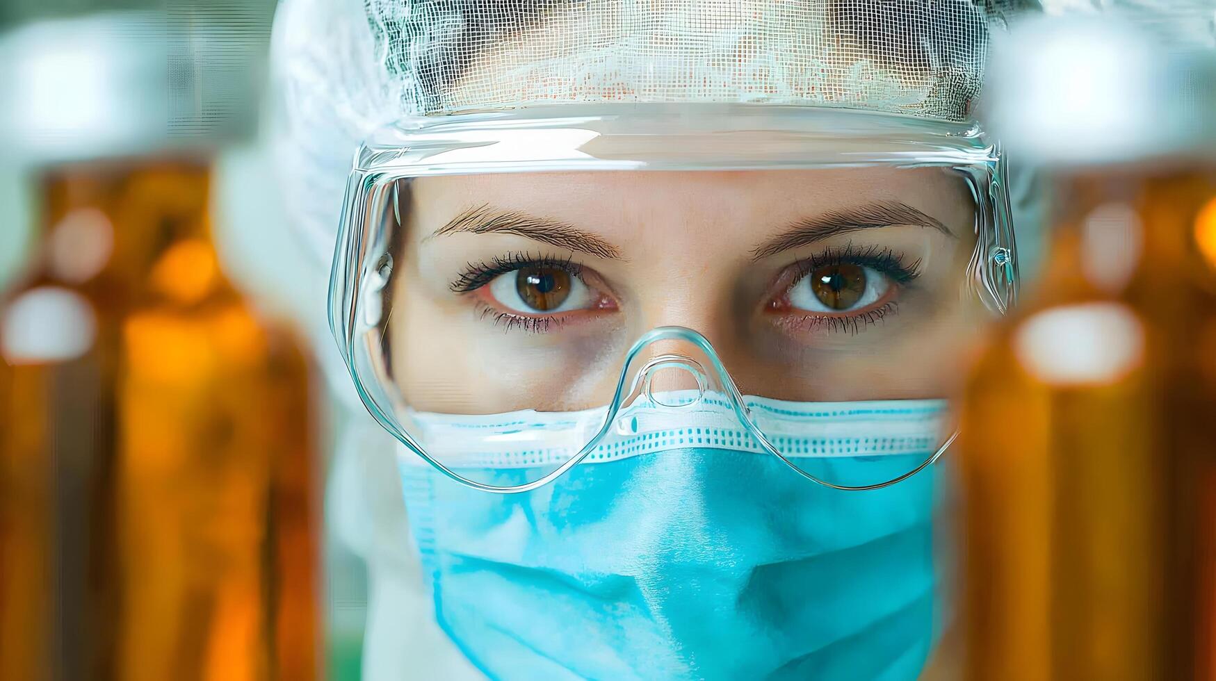 Focused Female Scientist in Lab Coat Goggles and Mask Examining Pharmaceutical Samples photo