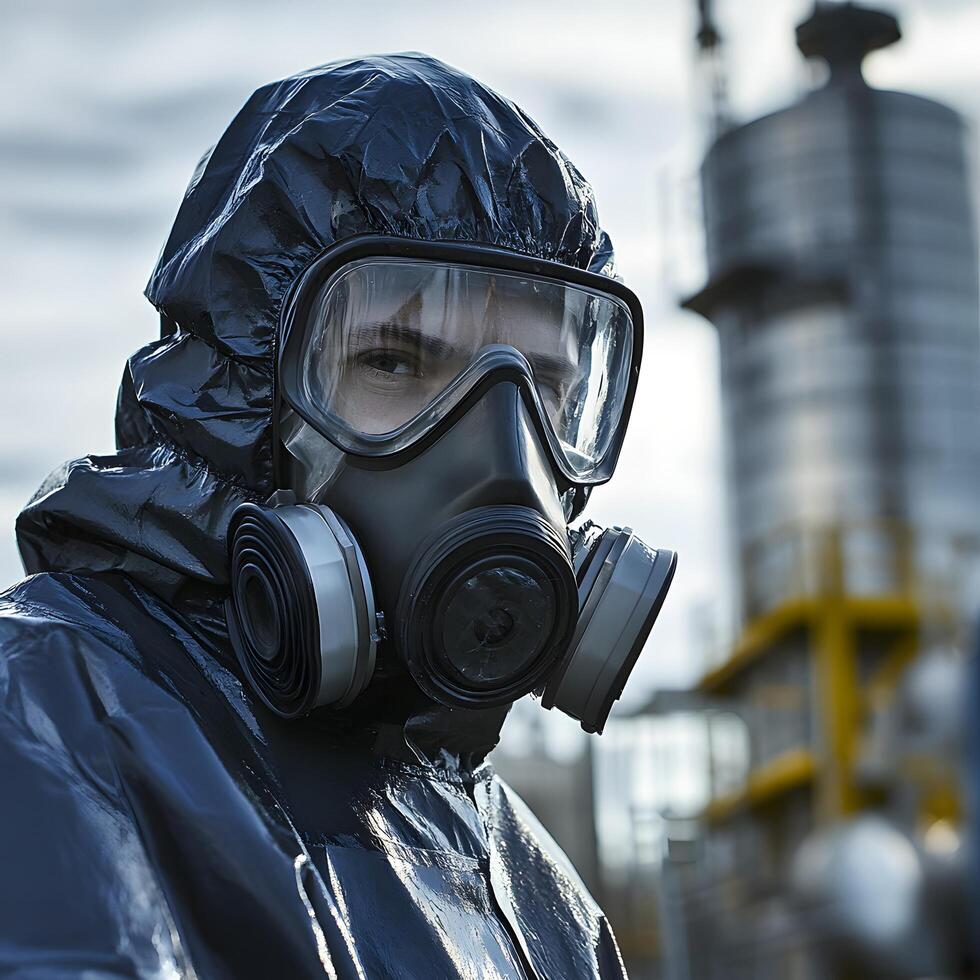Industrial Worker in Protective Hazmat Suit and Respirator Mask photo