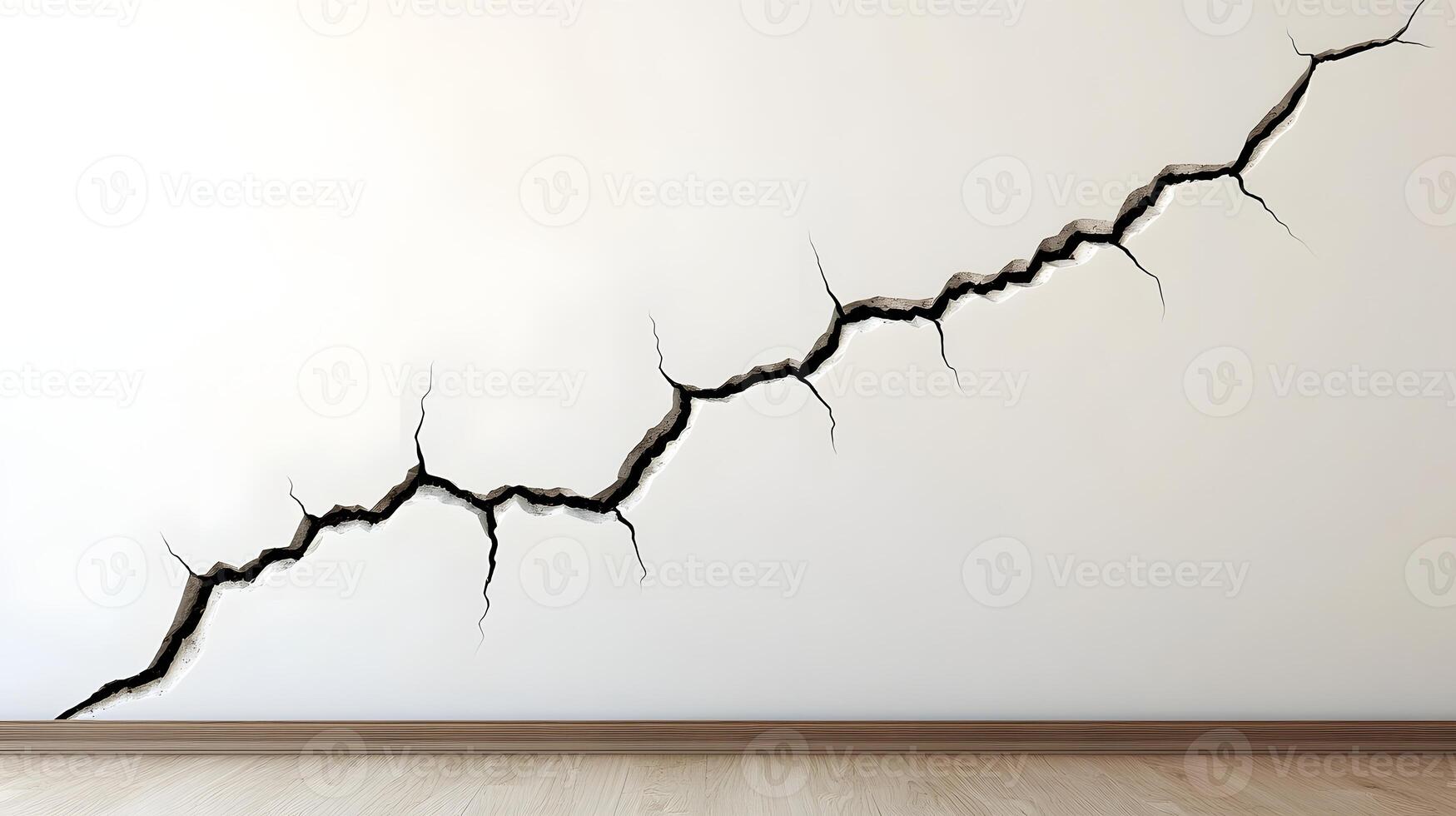 Large Crack in White Wall Damaged Plaster Room Interior House Repair Renovation Concept photo