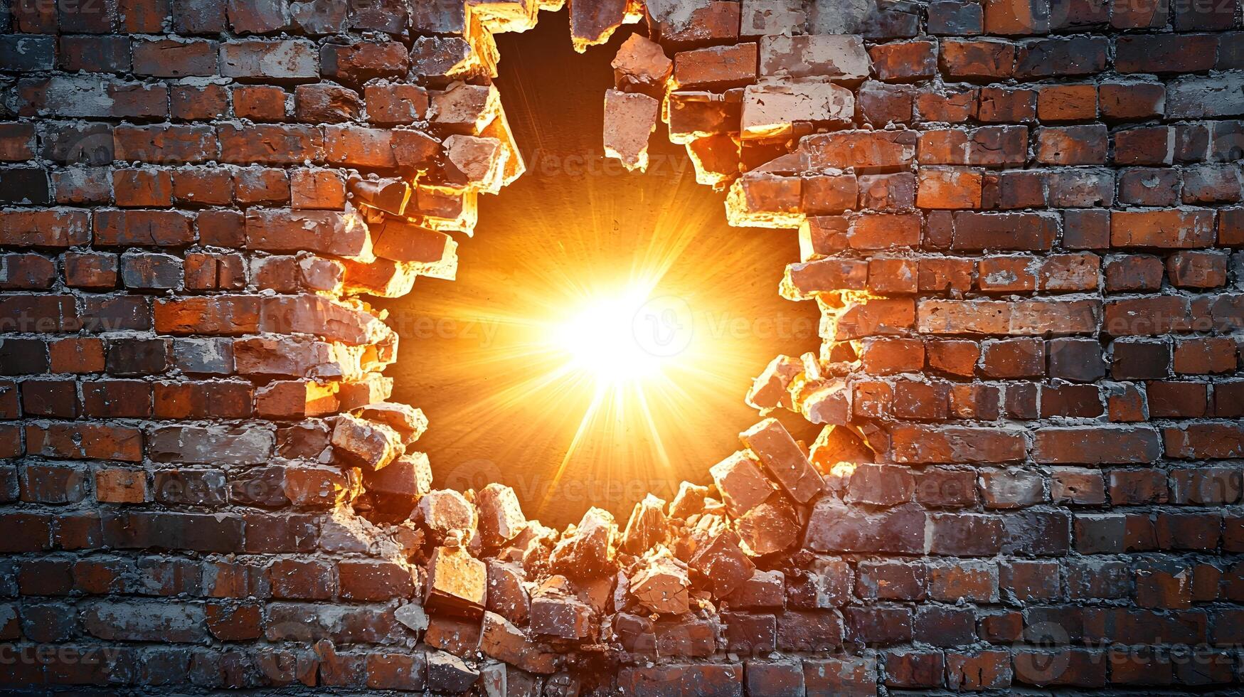 Bright Sunlight Bursting Through a Hole in a Broken Brick Wall photo