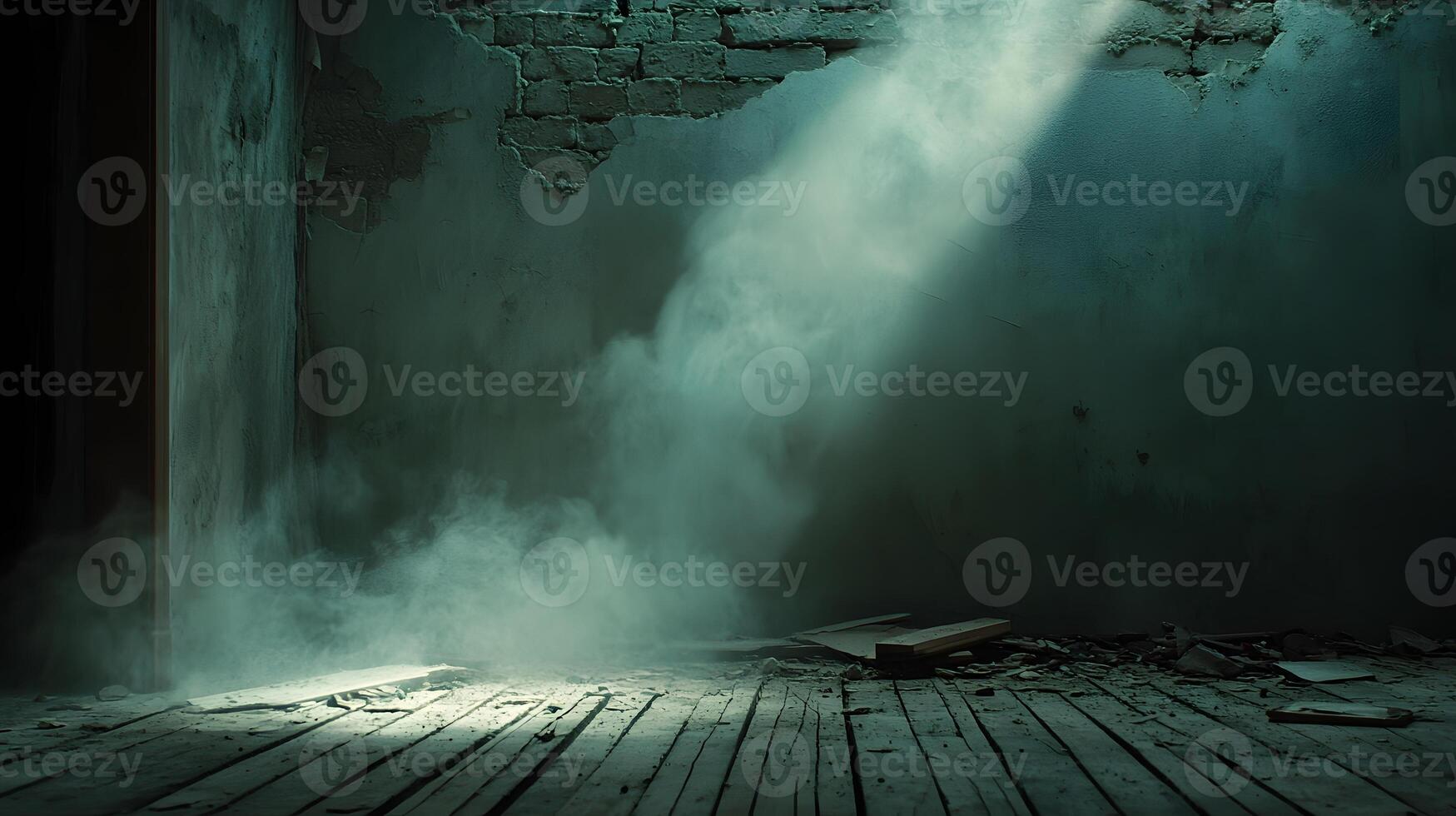 Atmospheric Dusty Room Interior Abandoned Building Decaying Wood Floor Brick Wall Smoke Light Beam photo