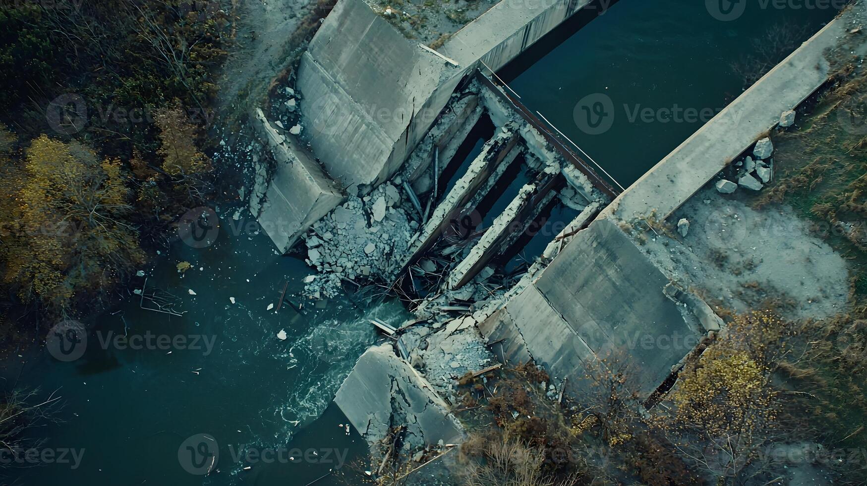 Aerial View of Collapsed Concrete Dam River Autumn Scenery Damaged Infrastructure photo