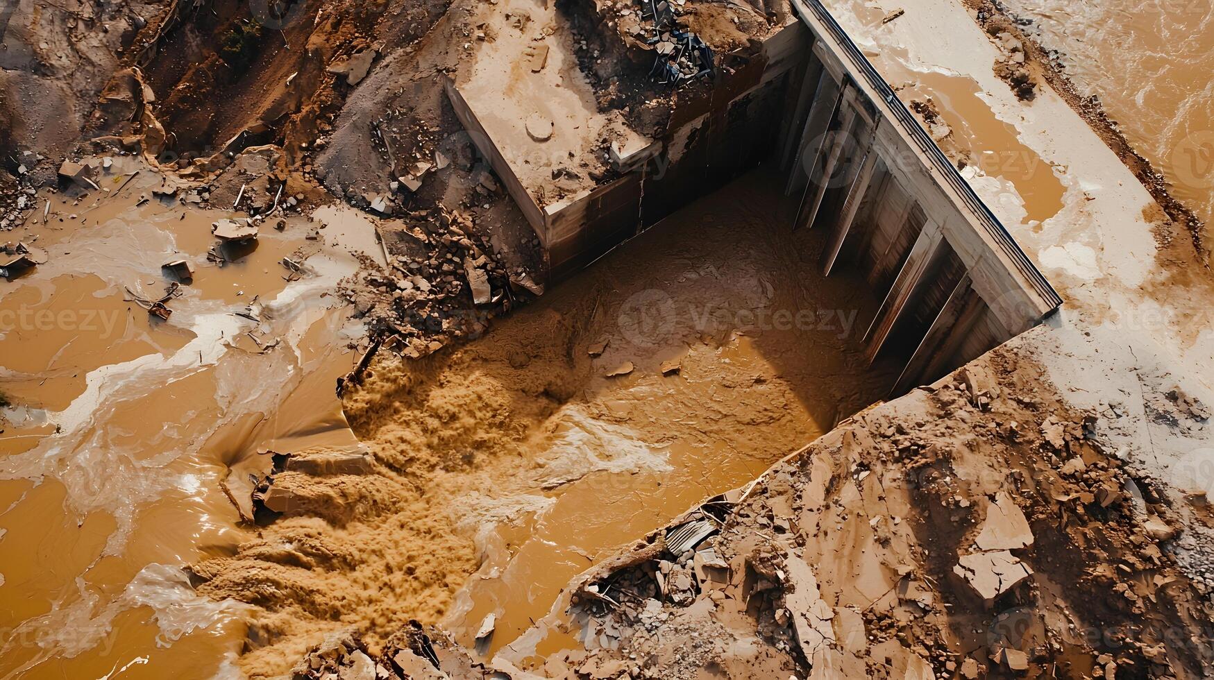 Aerial View of Dam Break Muddy Water Flooding Severe Erosion and Destruction photo