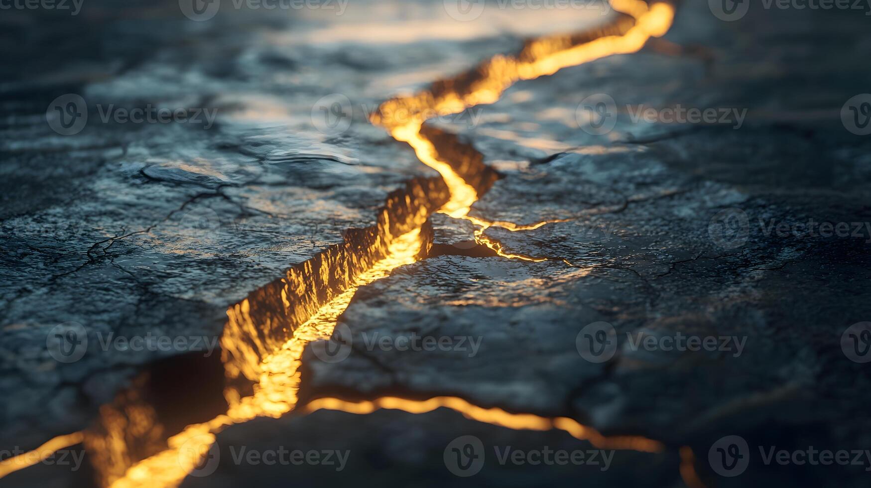 Glowing Lava Crack in Dark Volcanic Rock Surface Texture photo