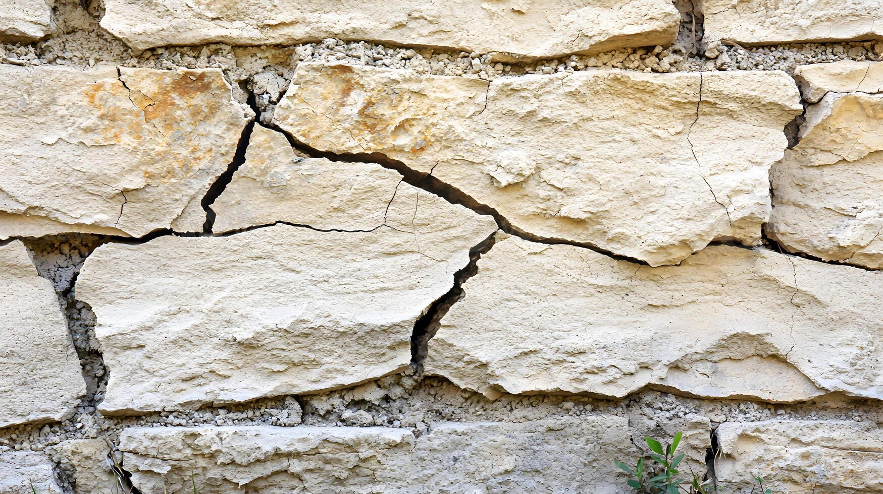 Cracked Stone Wall Texture Aged Beige Masonry Damaged Building Facade photo