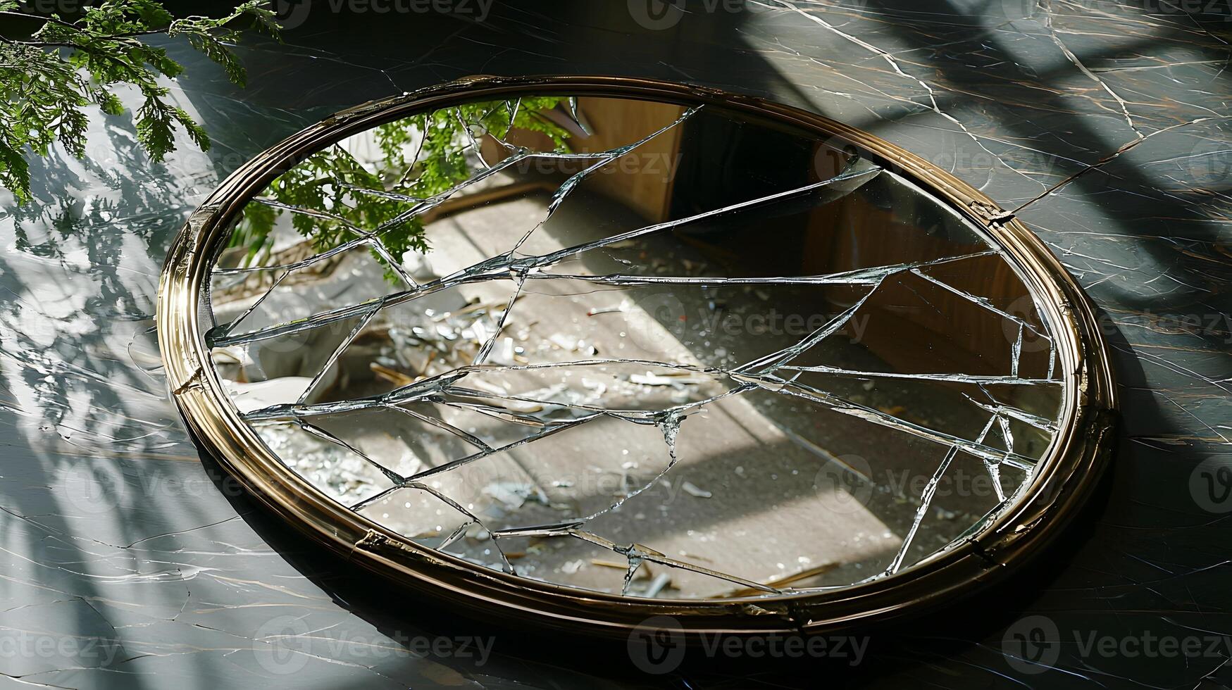 Shattered Gold Framed Mirror Reflecting Sunlit Debris on Marble Floor photo