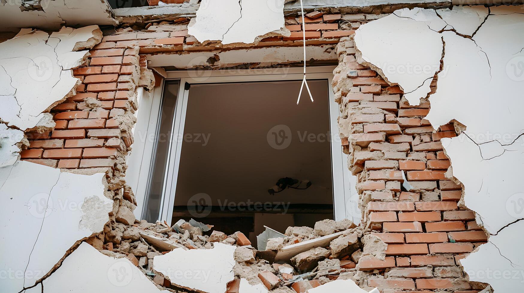 Damaged Brick Building Exterior After Earthquake Window Frame Disaster Destruction photo