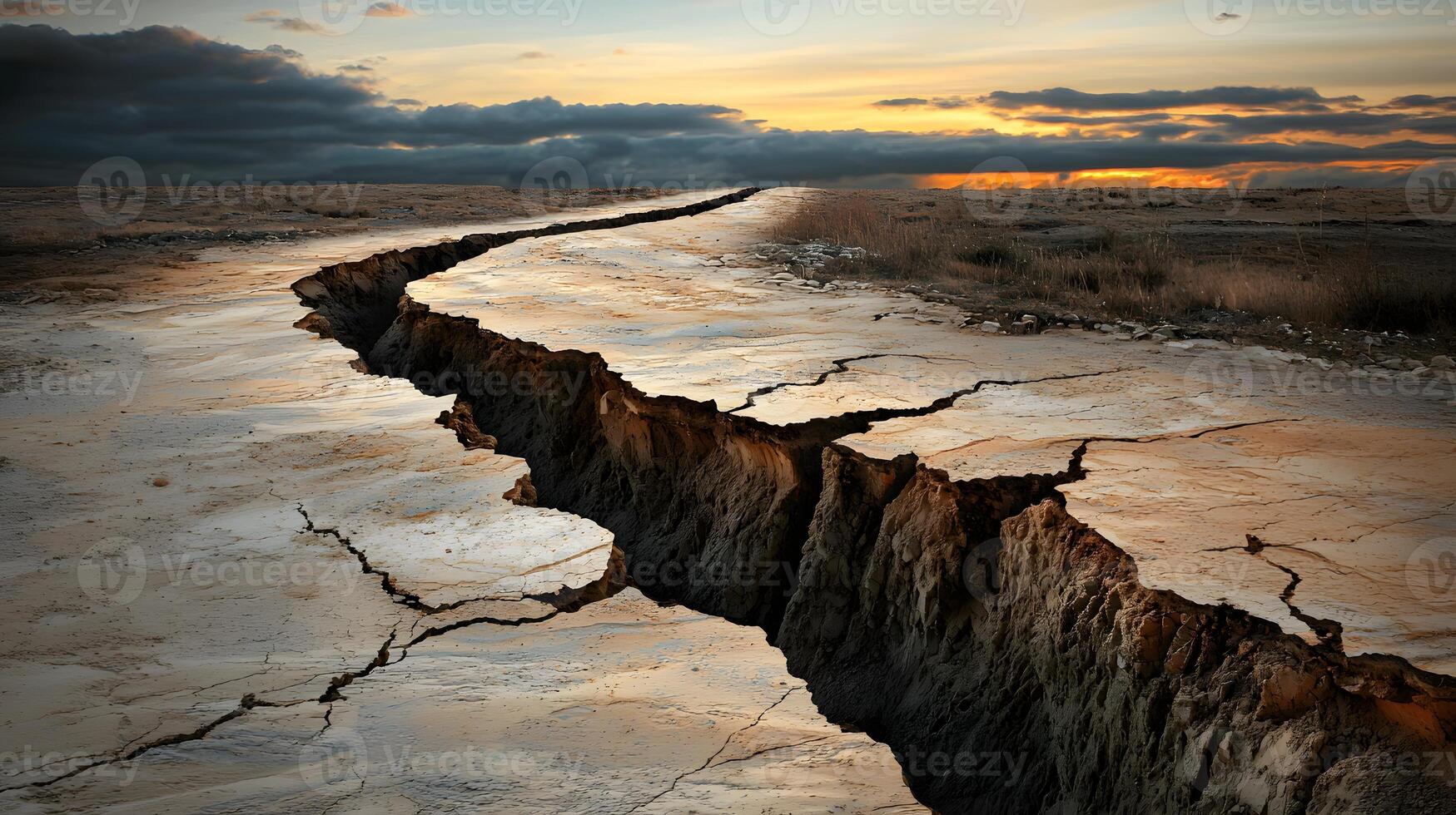Dramatic Sunset Landscape with Deep Earthquake Fault Crack in Dry Earth photo