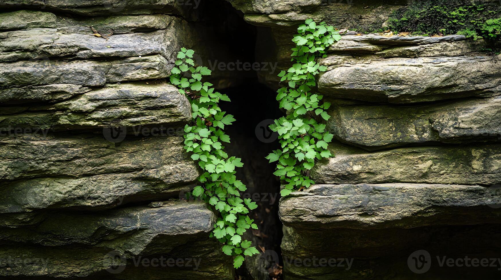Lush Green Vines Growing in Crack of Stone Wall Nature Texture Background photo
