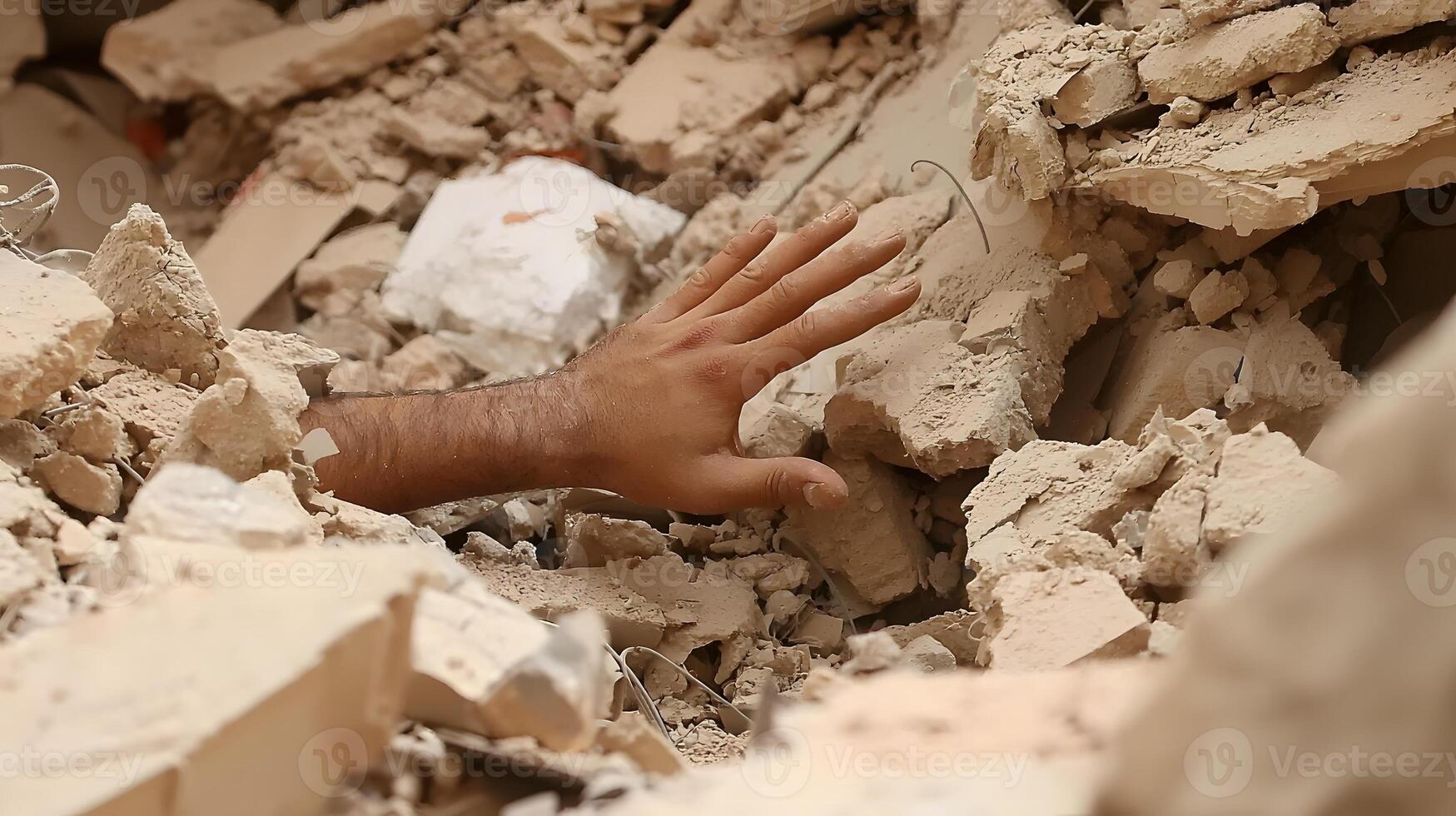 Hand Reaching Out from Rubble Disaster Relief Earthquake Aftermath Destruction Scene photo