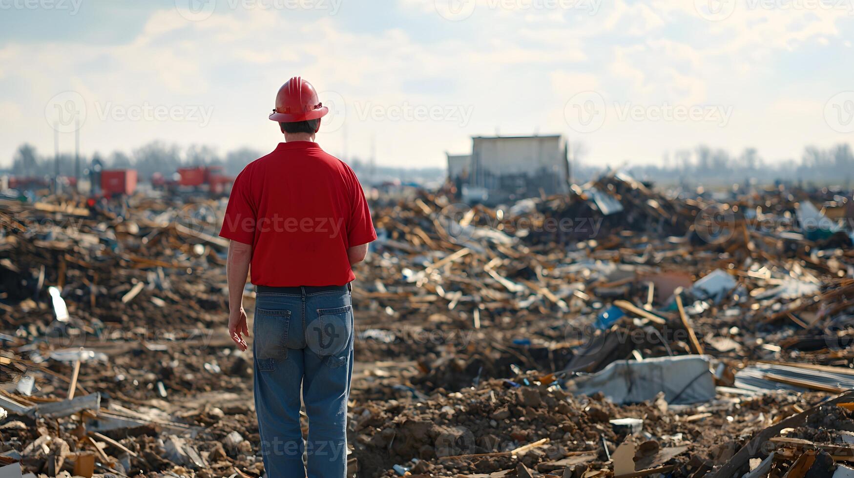 Surveying Tornado Damage Man in Red Shirt Assessing Destruction photo