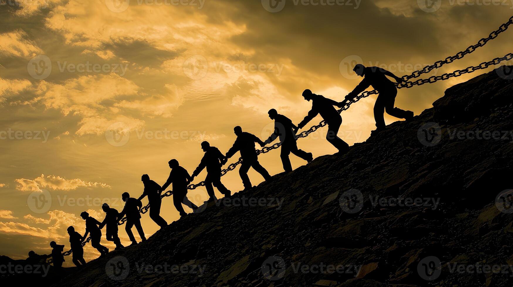 Silhouetted figures linked by chains ascend a hill at sunset symbolizing unity and perseverance photo