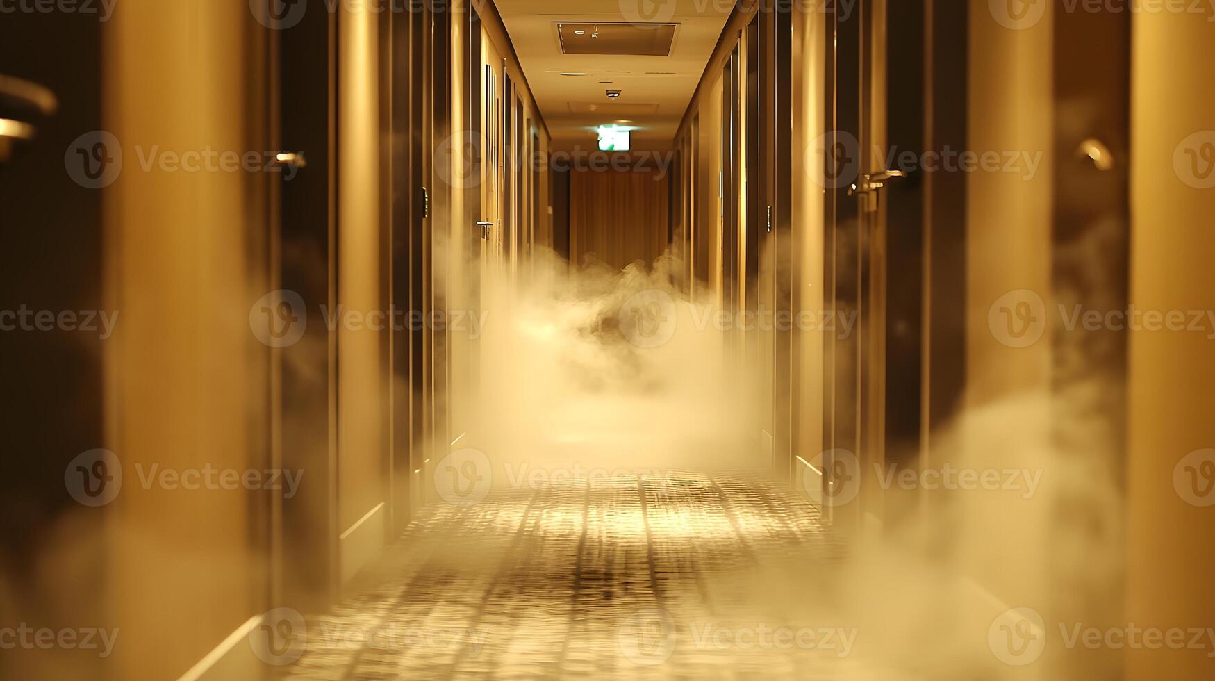 Mysterious Foggy Hotel Corridor Smoke Filled Interior Dramatic Lighting photo