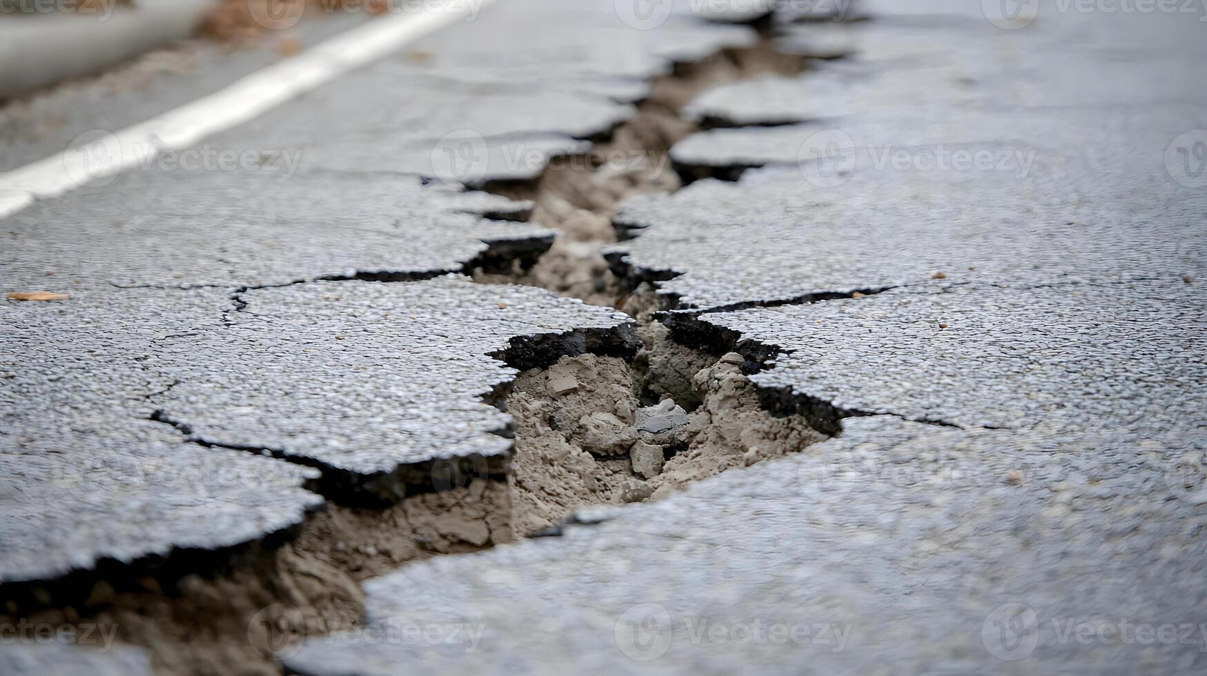 Severely Damaged Asphalt Road Surface with Deep Cracks and Subsidence photo