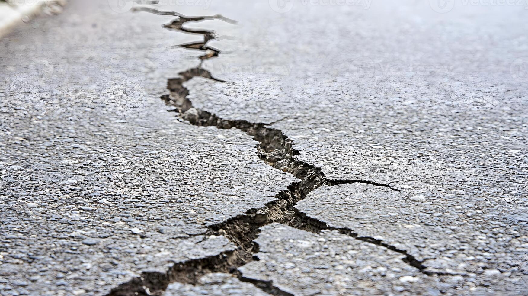 Severe Asphalt Crack Damage Road Surface Fracture Detailed Closeup View photo
