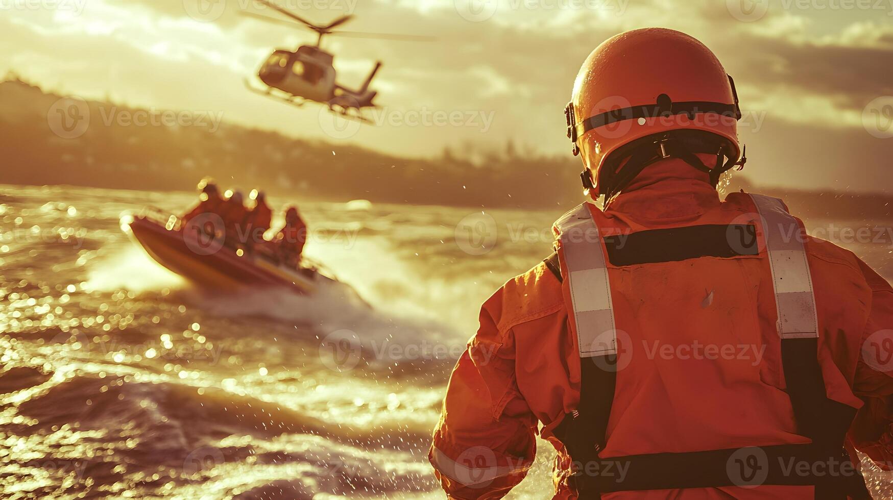 Coast Guard Rescue Operation Helicopter Boat and Rescue Crew at Sunset photo