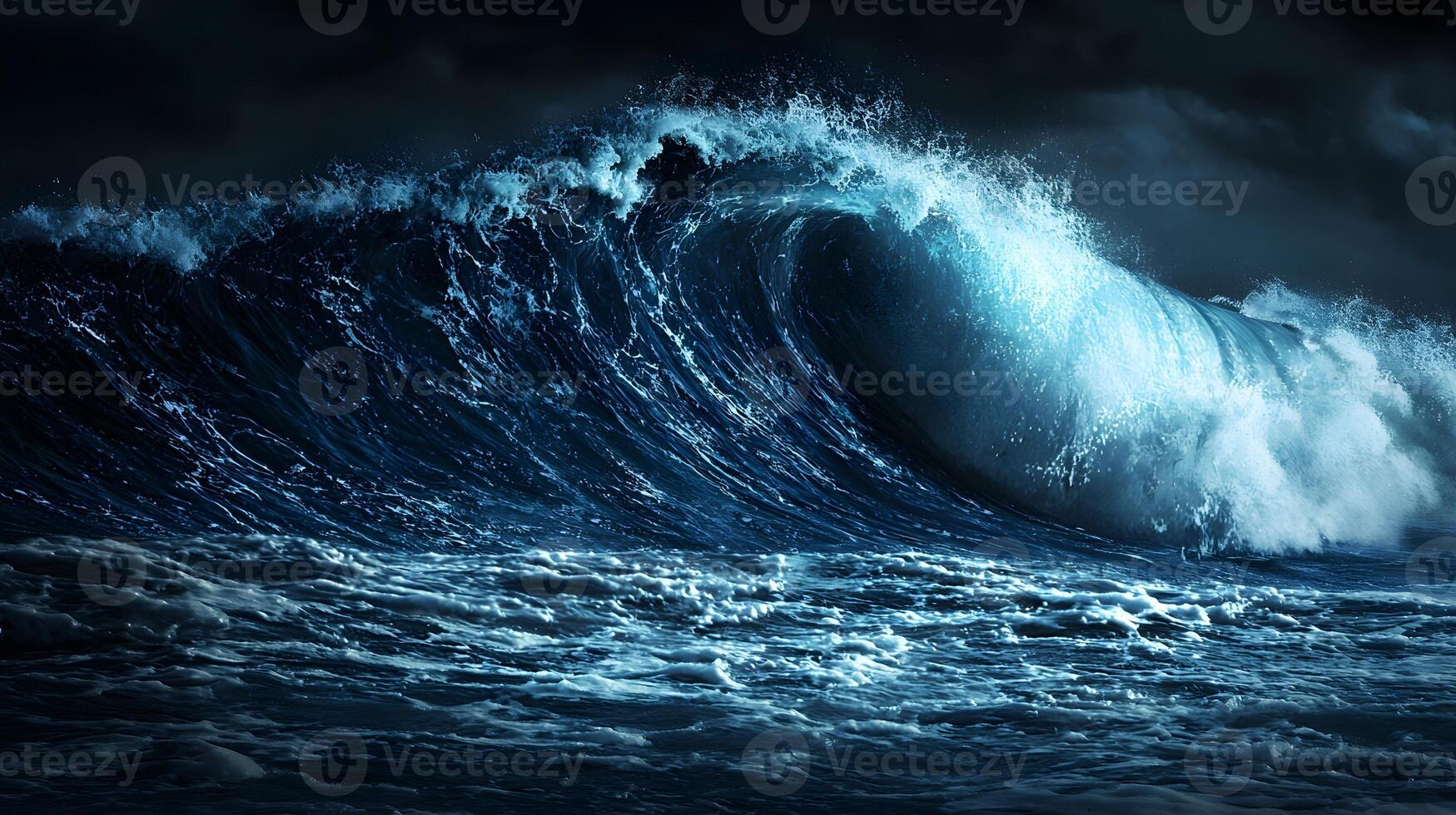 Dramatic Nighttime Ocean Wave Crashing Powerful Dark Blue Sea Surge photo