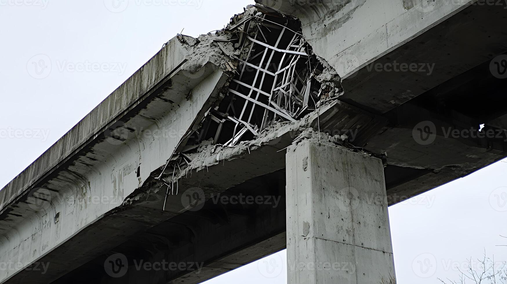 Damaged Concrete Bridge Structure Severe Structural Failure Post Disaster Inspection photo