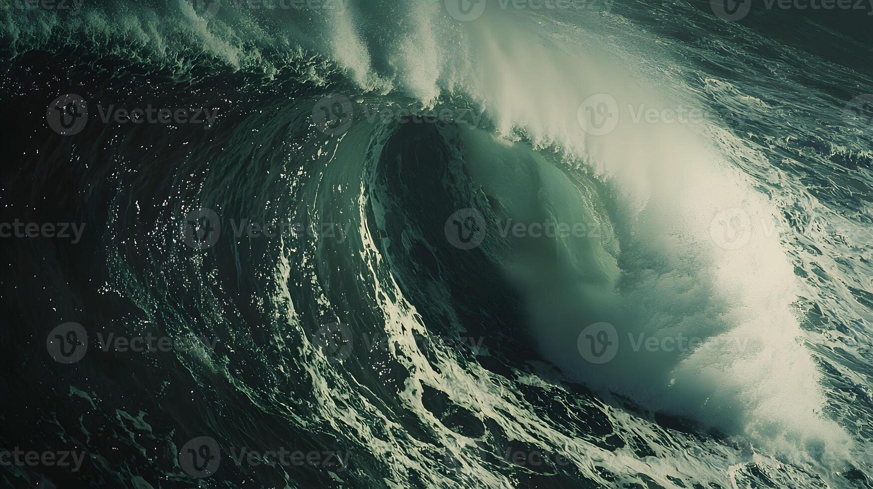Dramatic Ocean Wave Crashing Powerful Sea Surge Turbulent Water Dark Green Hues photo