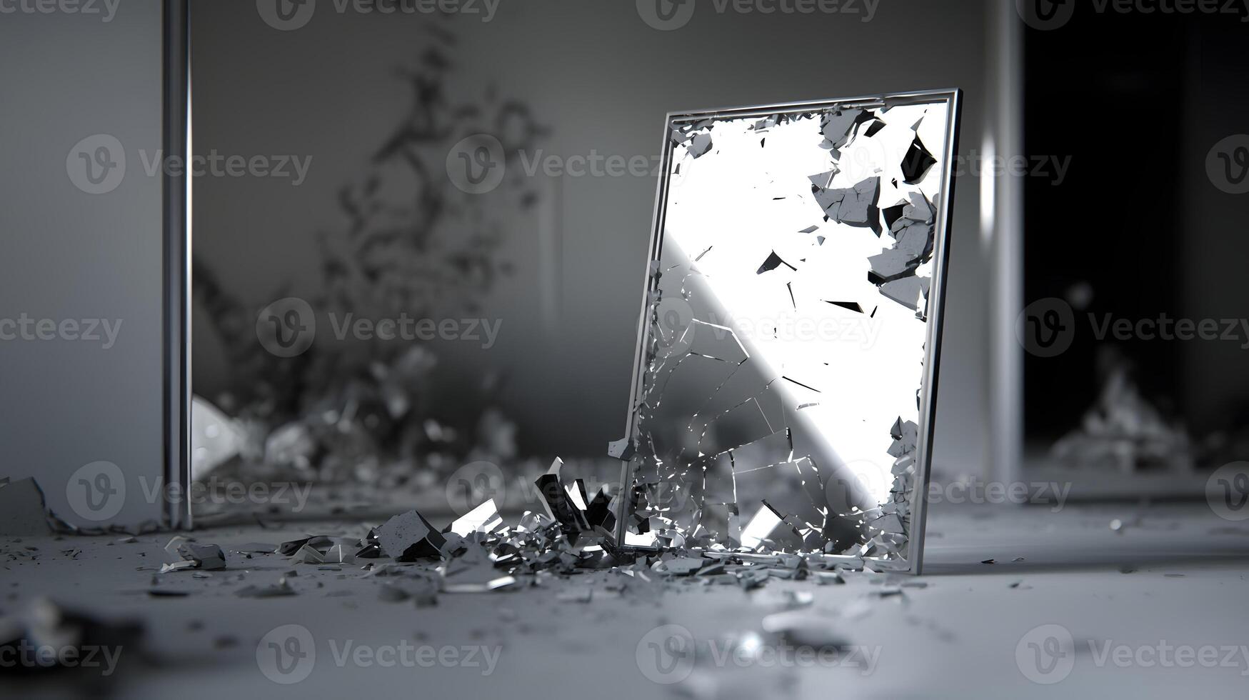Shattered Glass Panel Modern Abstract Image of Broken Glass Fragments and Destroyed Surface photo