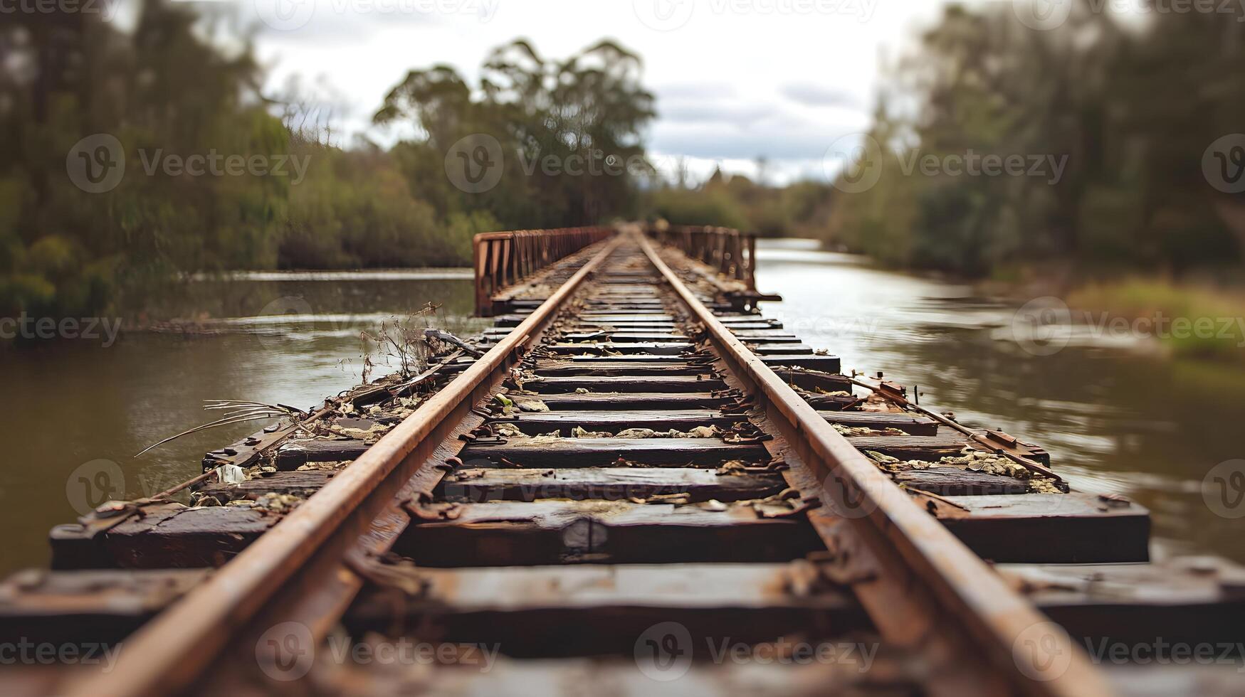 Rusty Railroad Tracks on Old Bridge Spanning River Scenic Landscape photo