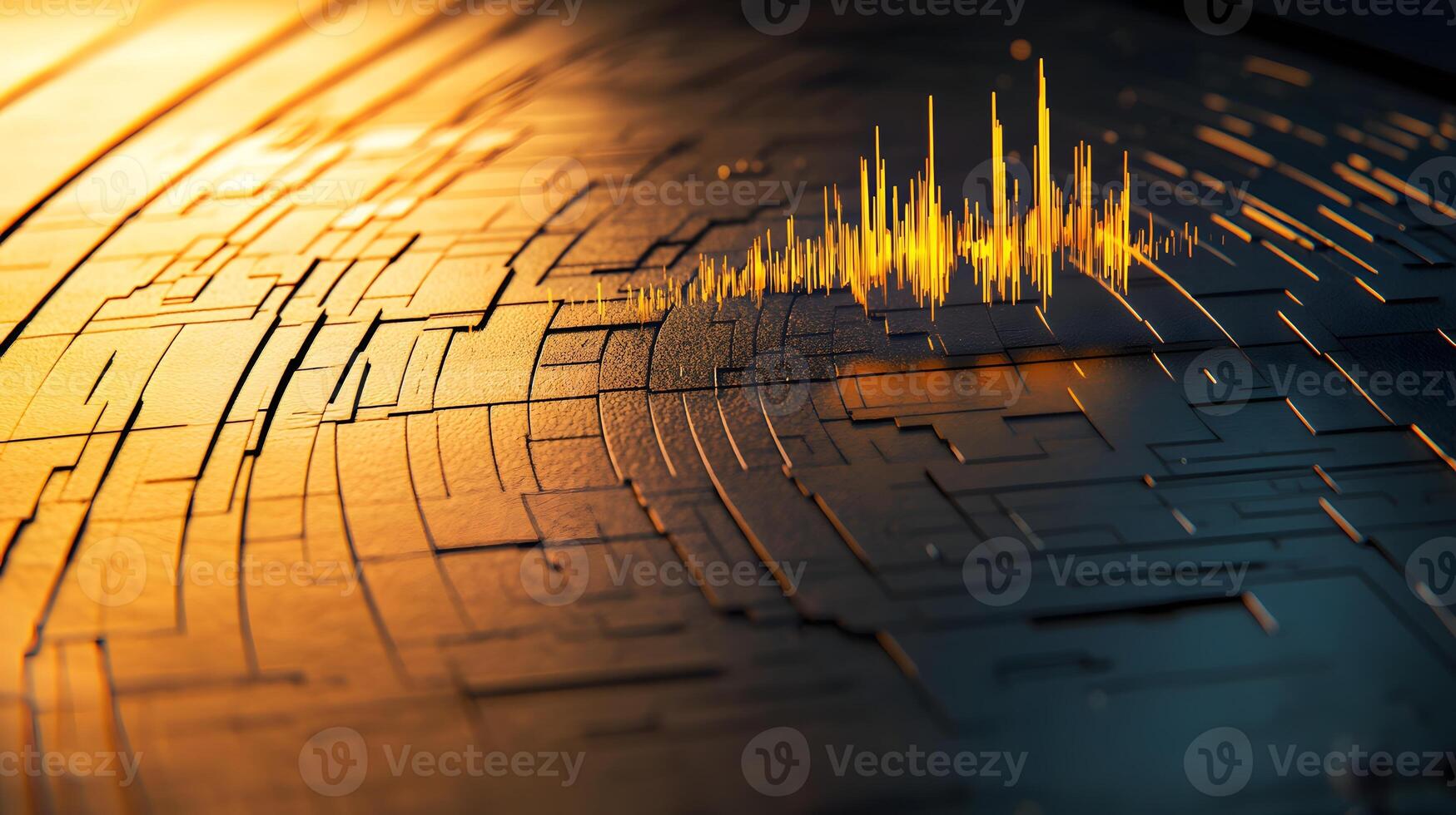 Abstract Gold and Black Tech Data Visualization Circuit Board Background with Dynamic Audio Waveform photo