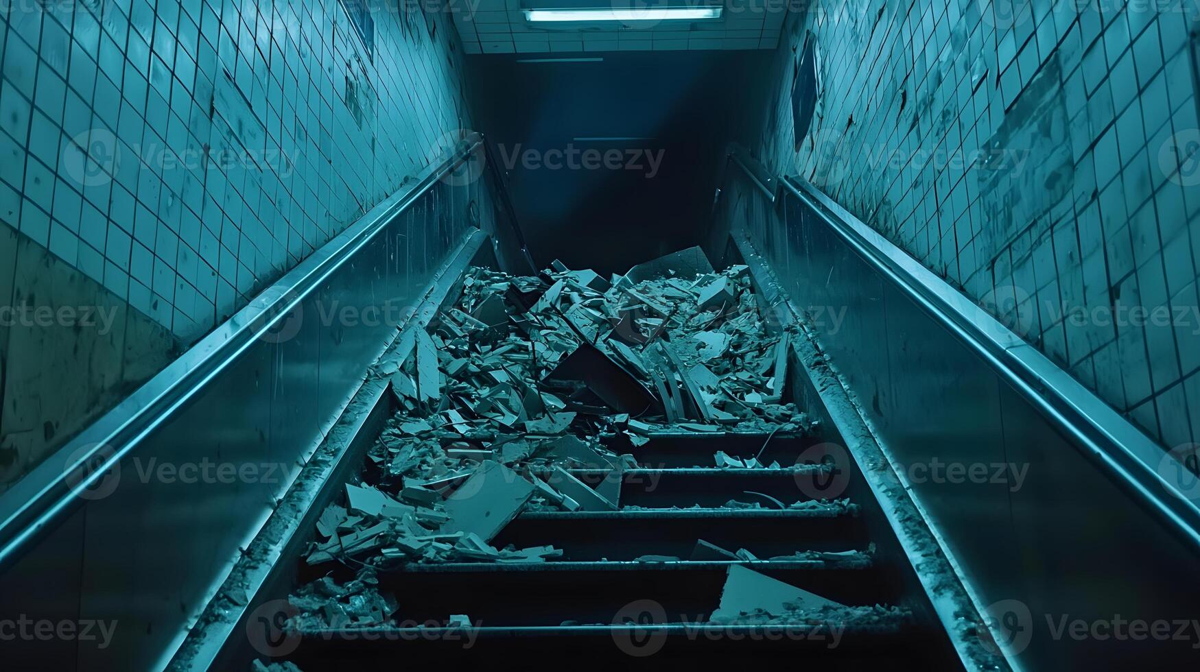 Destroyed Escalator in Abandoned Subway Station Debris and Damage Urban Decay photo