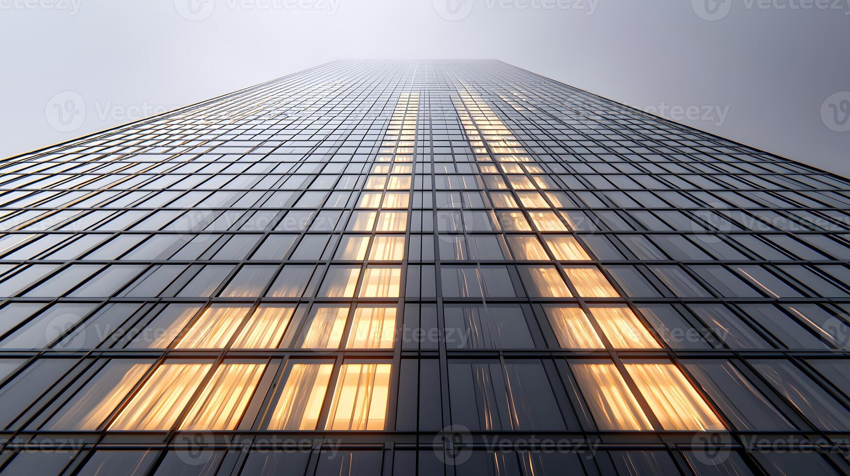 Modern Glass Skyscraper Exterior with Illuminated Windows at Dusk photo