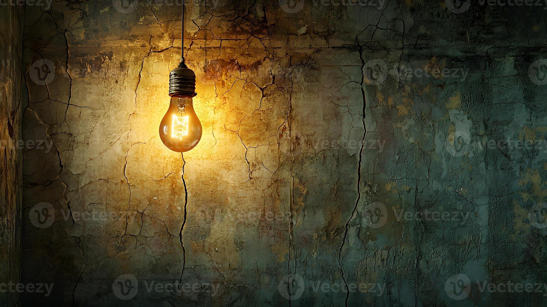 Glowing Vintage Light Bulb Hanging Against a Cracked Textured Wall photo