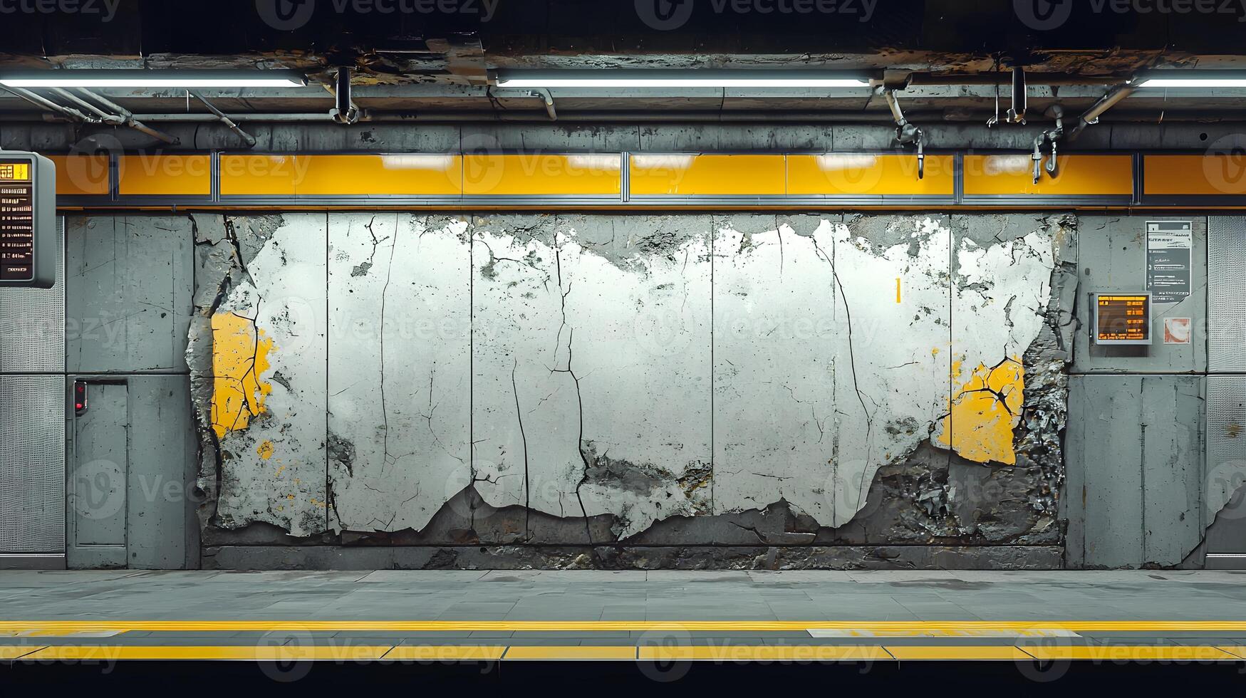 Distressed Concrete Wall in Futuristic Subway Station Grunge Urban Background Texture photo