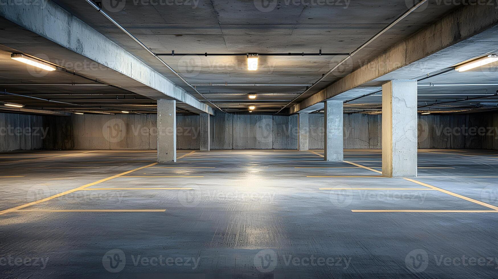 Empty Modern Concrete Parking Garage Interior with Lighting and Parking Lines photo