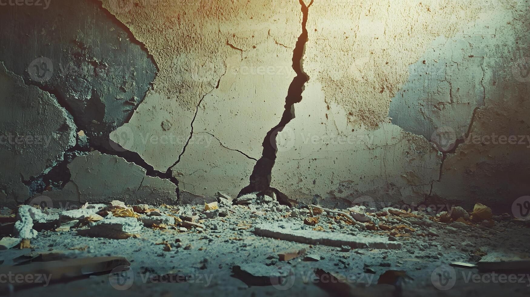 Severely Cracked Wall Crumbling Plaster Damaged Concrete Destruction Ruin Disaster Scene photo