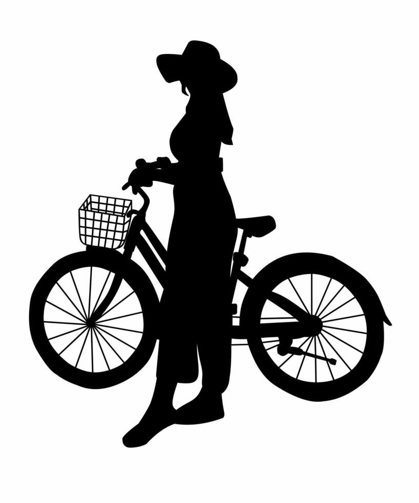 Silhouette of Elegant Girl Standing with Her Bicycle vector