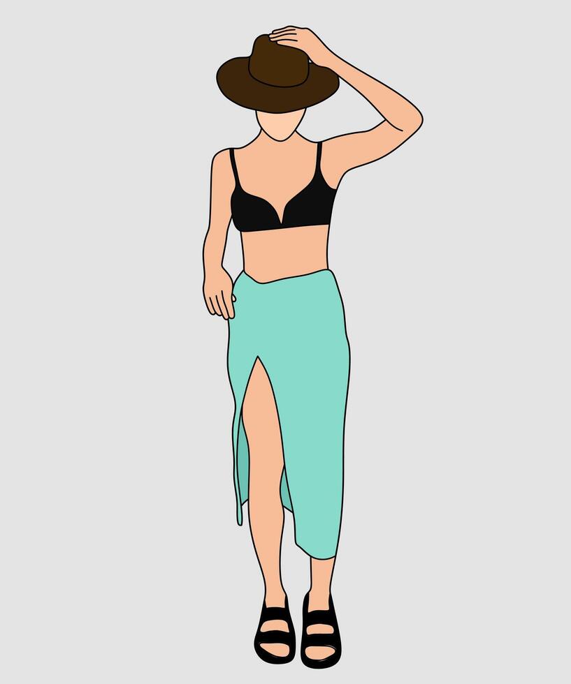 Relaxing Beachwear with Blue Sarong and Cowboy Hat vector