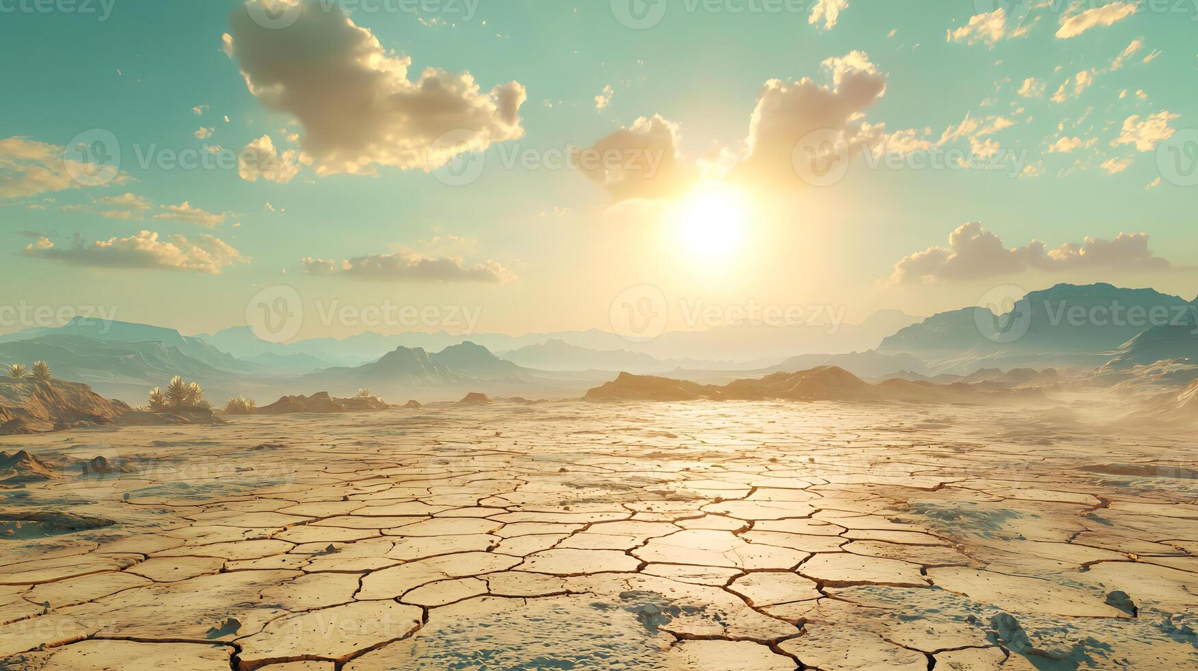 Dry Cracked Earth Desert Landscape at Sunset with Mountains photo