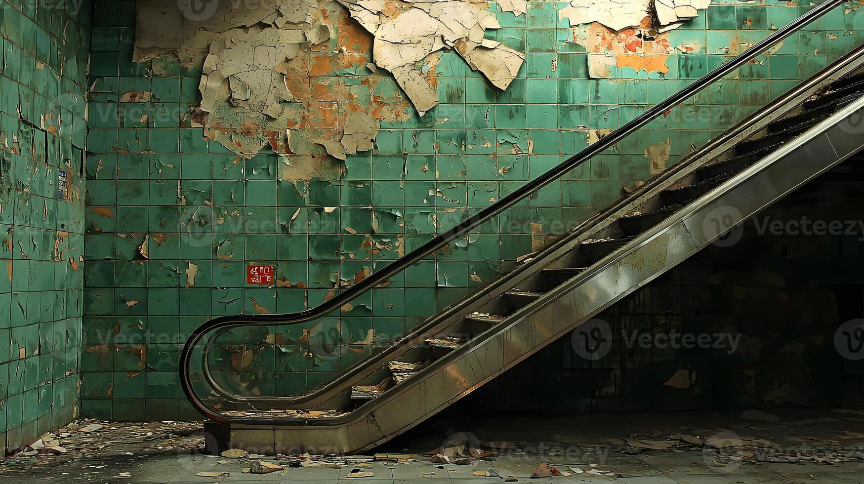 Abandoned Escalator in Decaying Building with Peeling Green Tiles photo