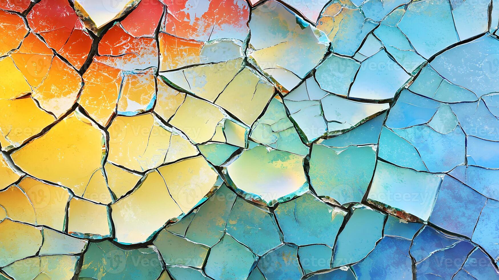 Abstract Cracked Surface Texture Vibrant Blue Yellow and Orange Hues photo