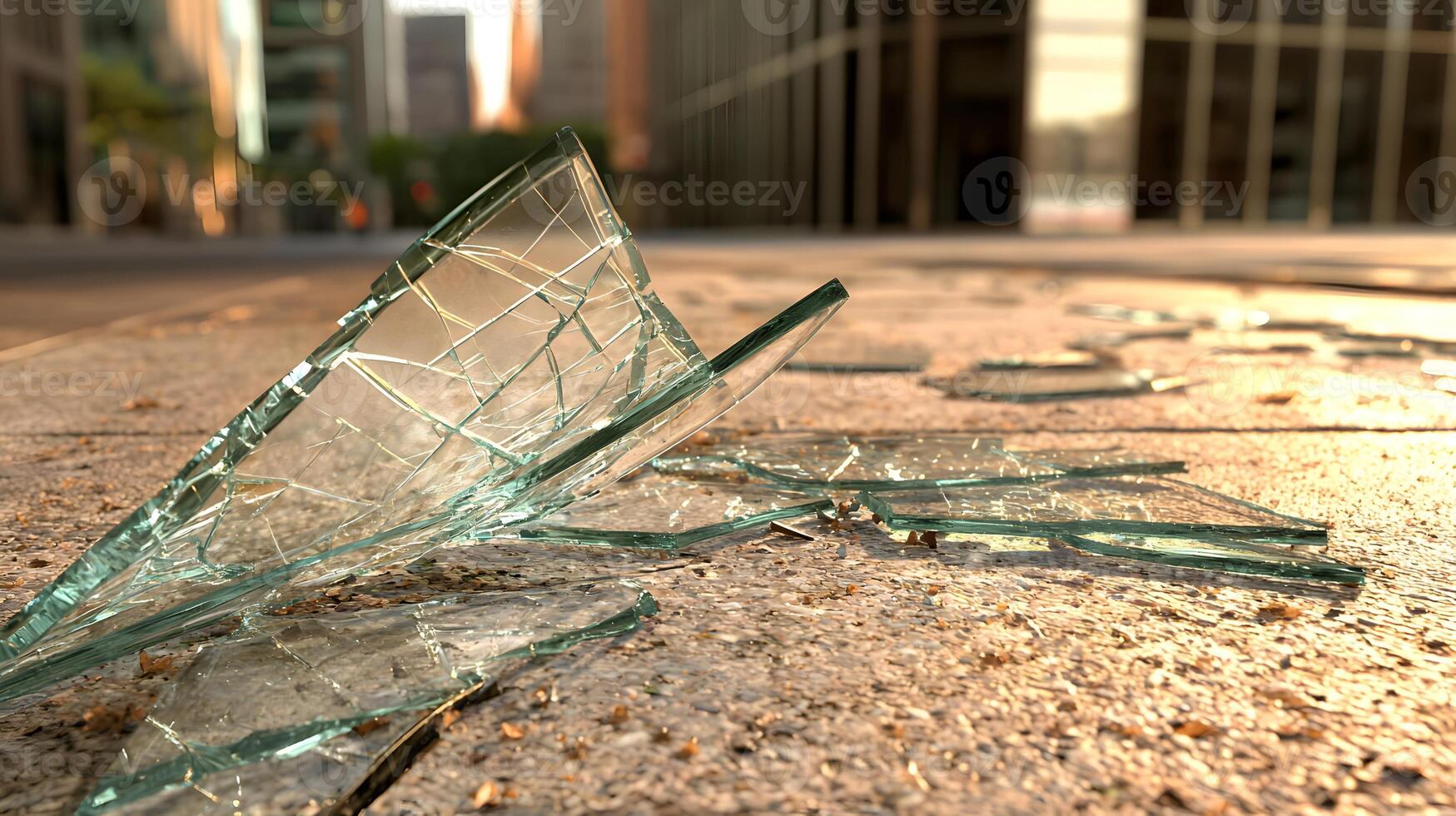 Shattered Glass Fragments on City Pavement Urban Broken Glass Detail photo