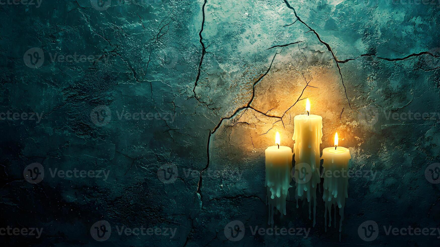 Three Melted Candles Burning Bright Against a Cracked Teal Wall Background photo