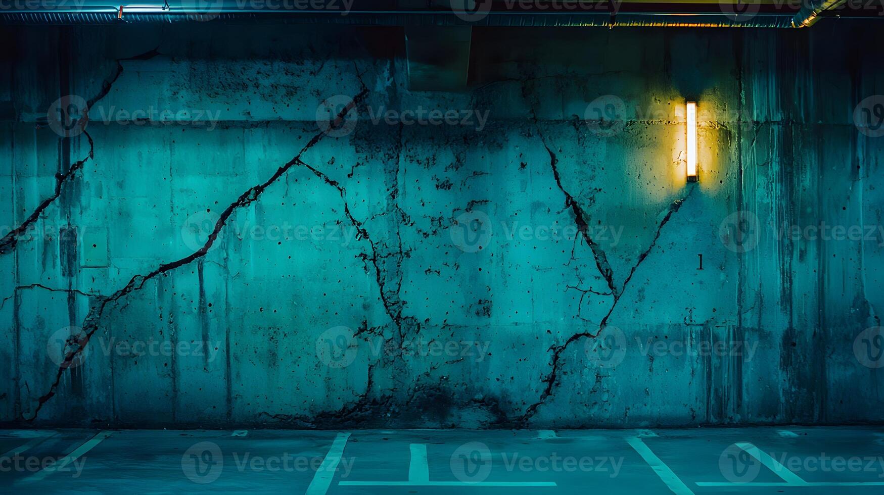 Cracked Concrete Wall Parking Garage Teal Lighting Urban Texture Grunge Background photo