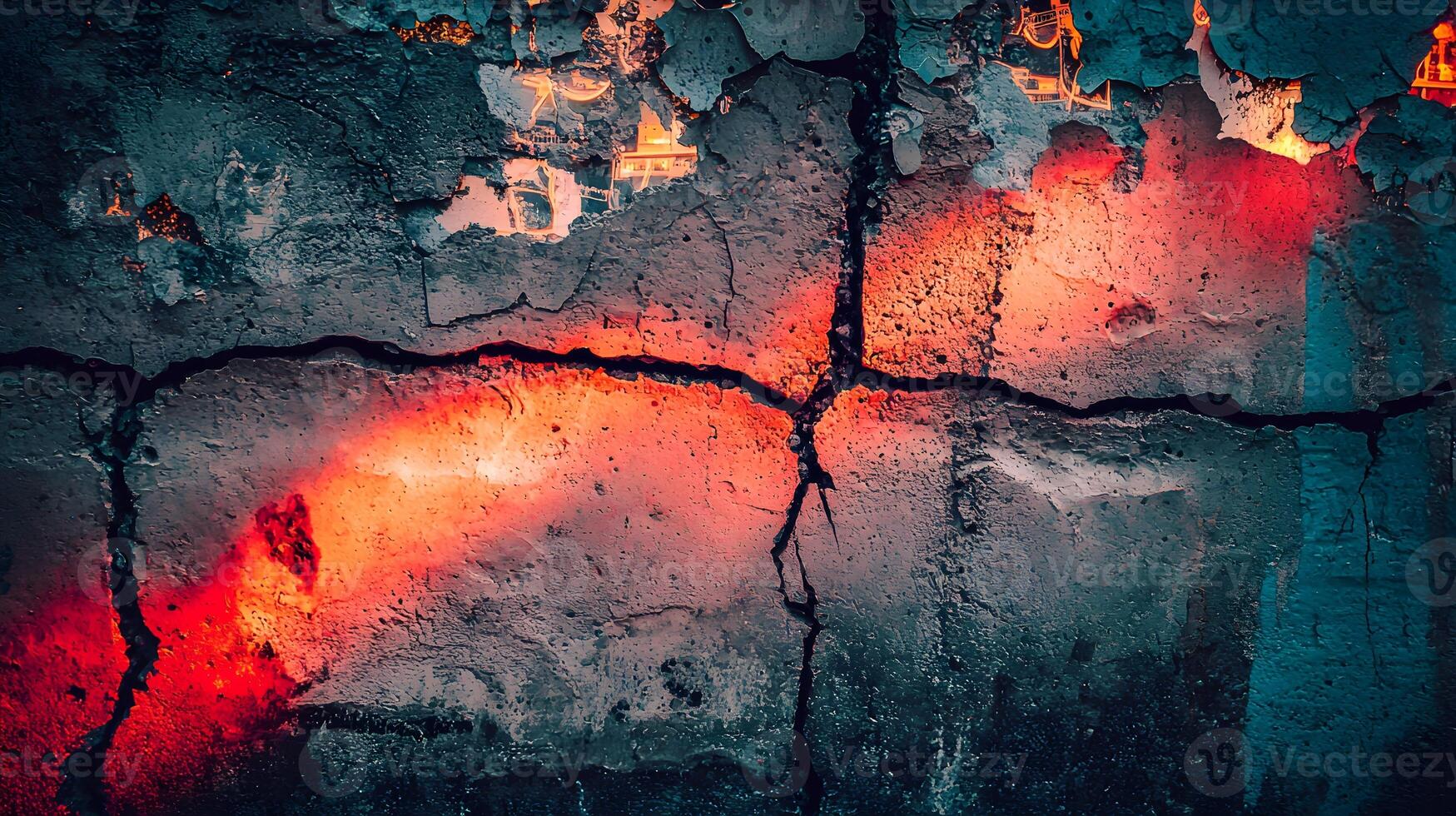 Abstract Cracked Wall Texture with Red and Teal Light Grunge Urban Background photo