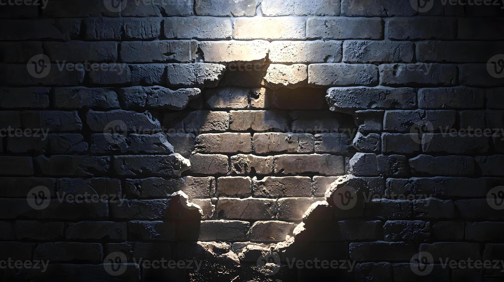 Dramatic Grunge Brick Wall with Hole Dark Background Spotlight Effect Rough Texture photo