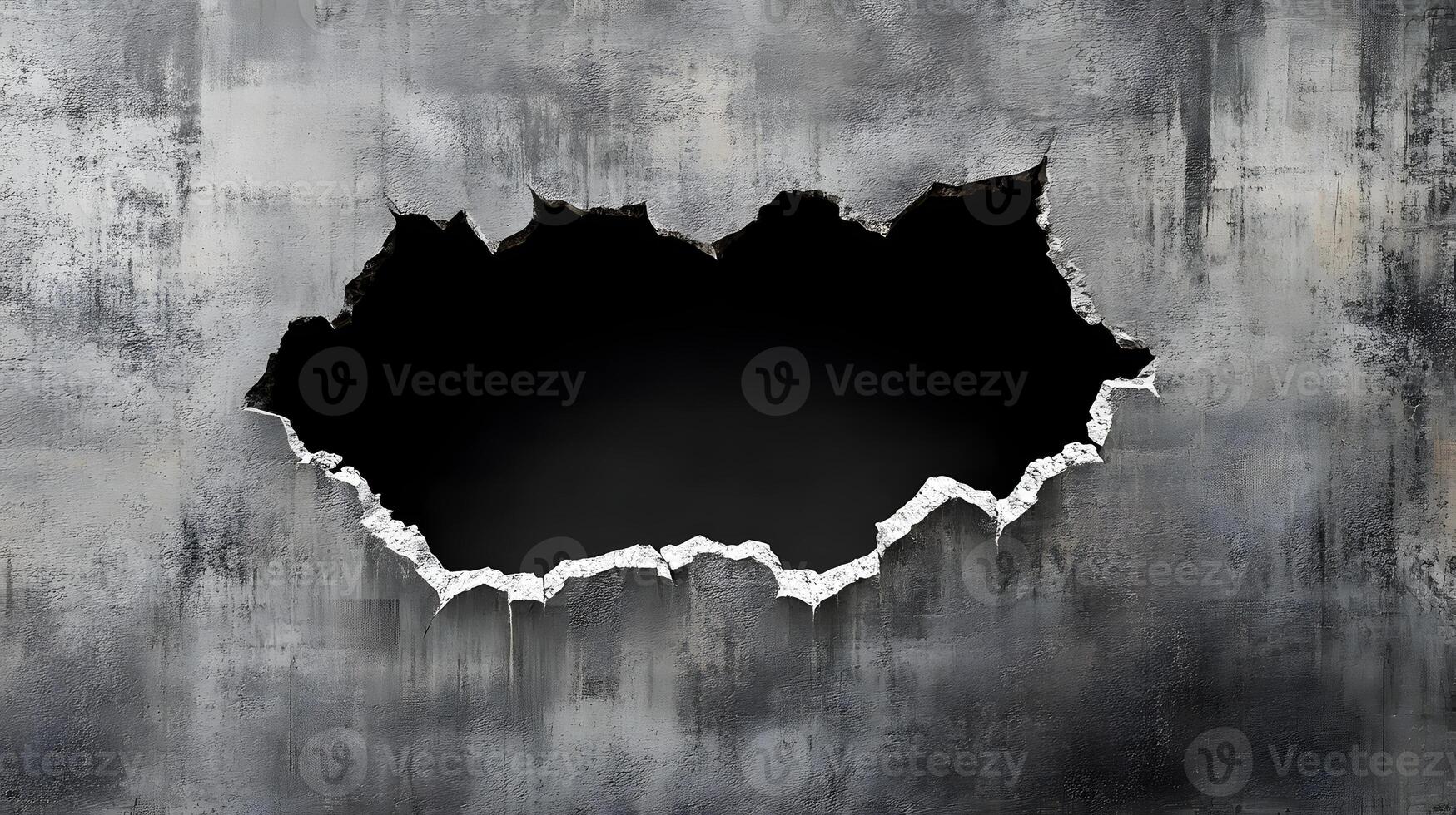 Dramatic Hole in Grungy Concrete Wall Broken Surface Texture Dark Background photo